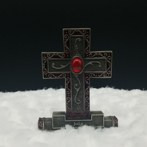 None Other - Ornate Pewter 2003 "July" Birthday Ruby Red Gemstone Standing Cross Statue